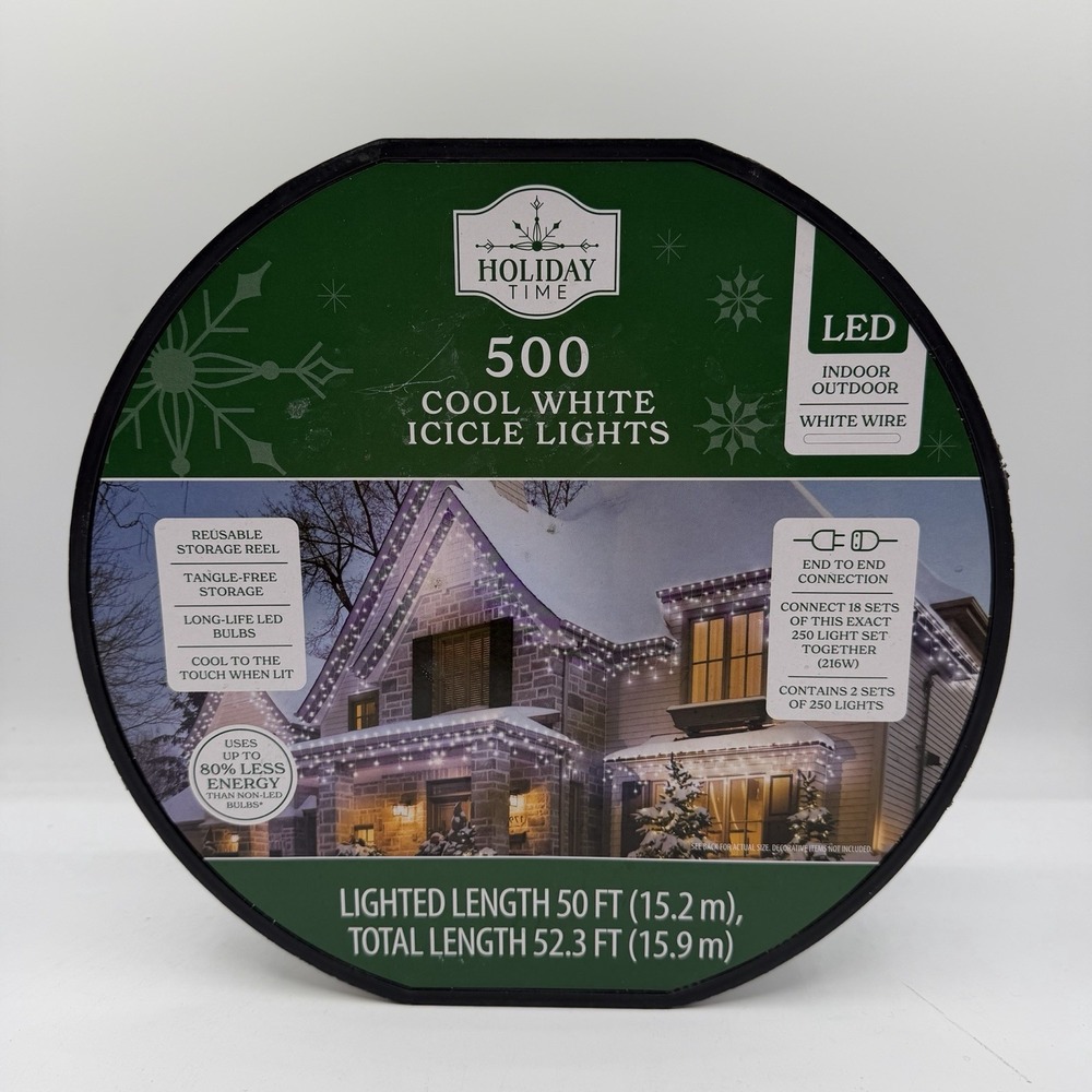 Holiday Time 500 Cool White Icicle LED Christmas Lights‎ White Wire 52.3 FT NEW